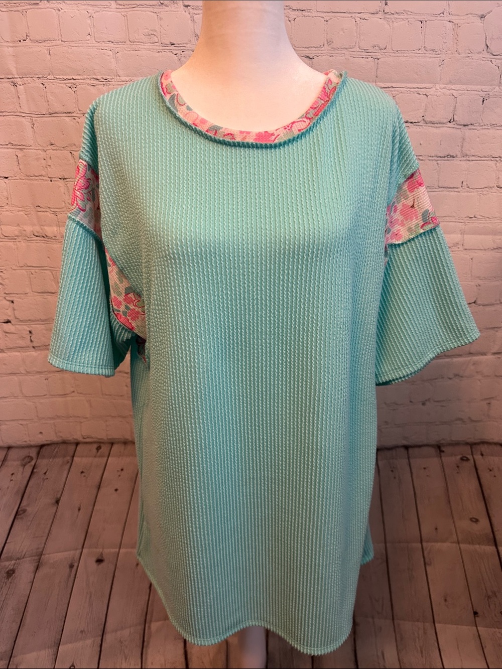 HEIMISH USA Mint Green Waffle Knit Short Sleeve Top with Pink Floral Trim